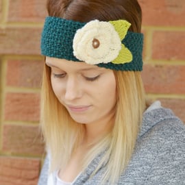 Knitted Flower Headband  Earwarmer 