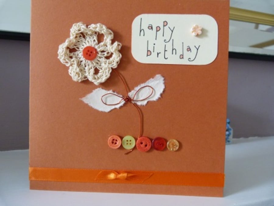 Orange Crochet Flower Birthday Card