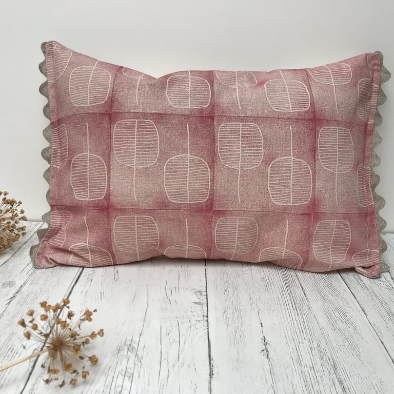 Hand Printed Organic Cotton Oblong Cushion - FOLKI - Rose Pink