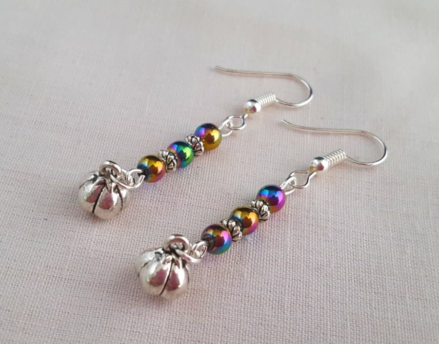 Pumpkin earrings with rainbow Mardi Gras beads