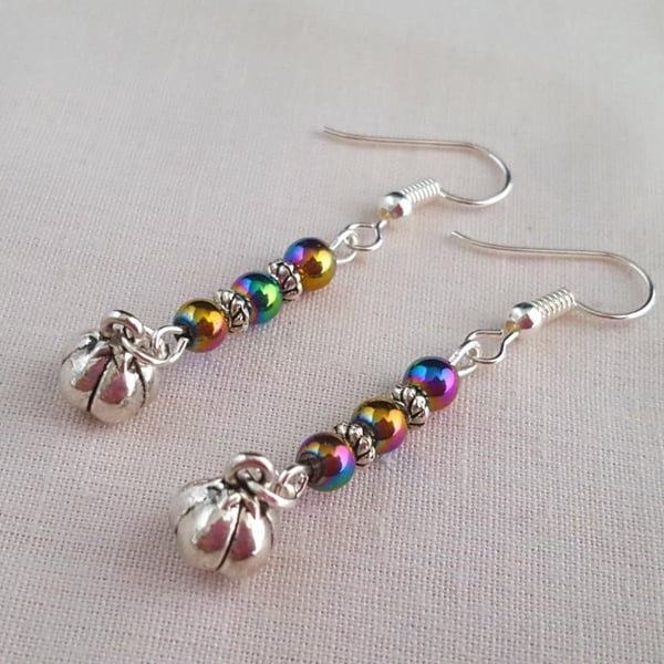 Pumpkin earrings with rainbow Mardi Gras beads