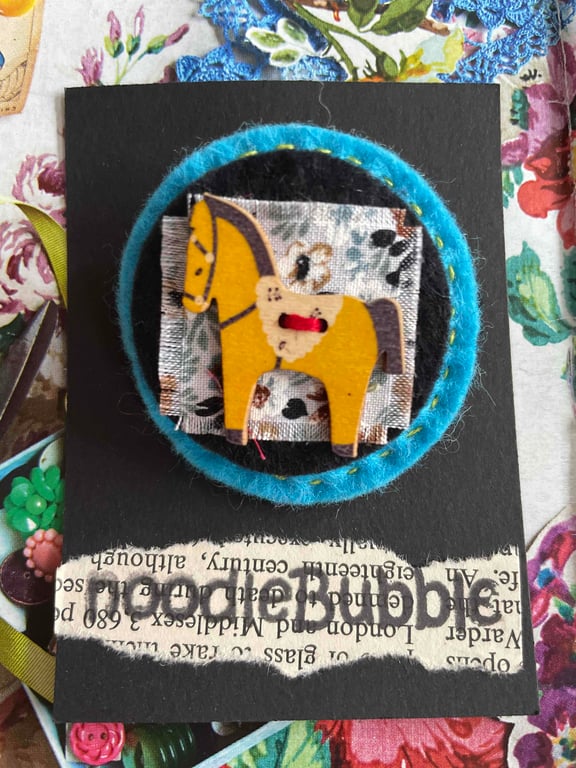 Yellow Dala Horse on yellow felt Brooch 