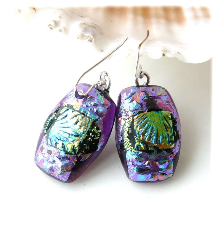 Handmade Fused Dichroic Glass Earrings 304 Lavender Teal