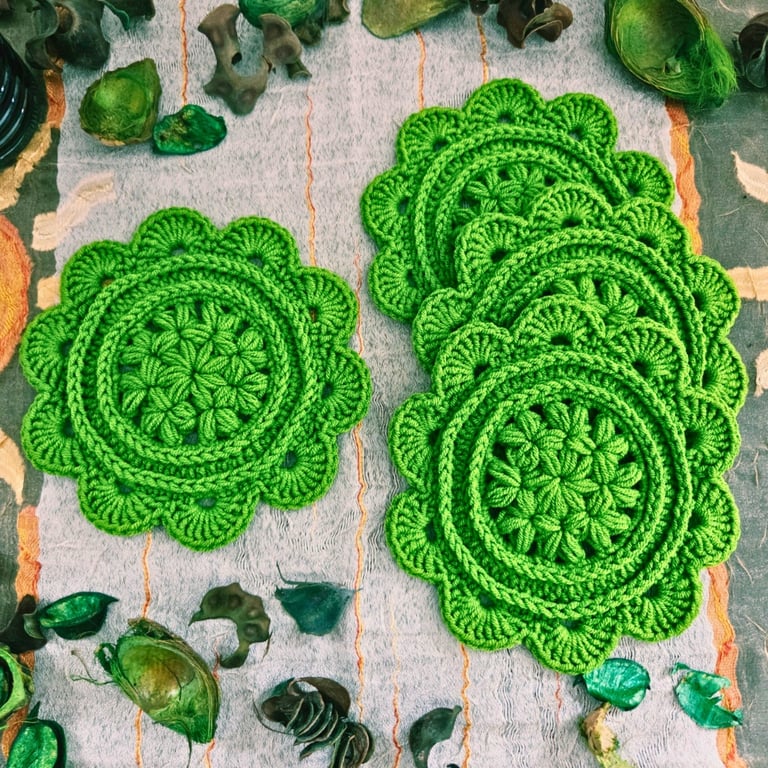 Daisy Crochet Coasters - Set Of 2 Handmade Coasters In Bright Grass Green