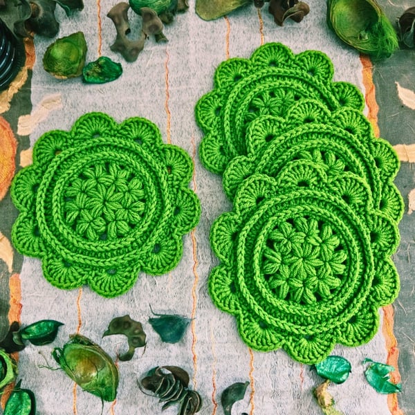 Daisy Crochet Coasters - Set Of 2 Handmade Coasters In Bright Grass Green