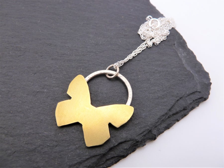 sterling silver chain, brass butterfly pendant