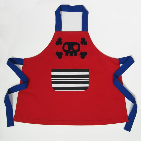 5-7yrs Hand Appliquéd Skull and Crossbones Kids Pirate Apron. Red