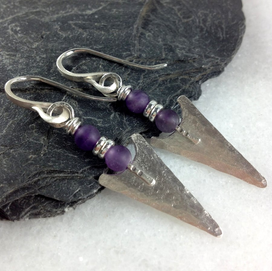 Amethyst and silver arrowhead tribal earrings