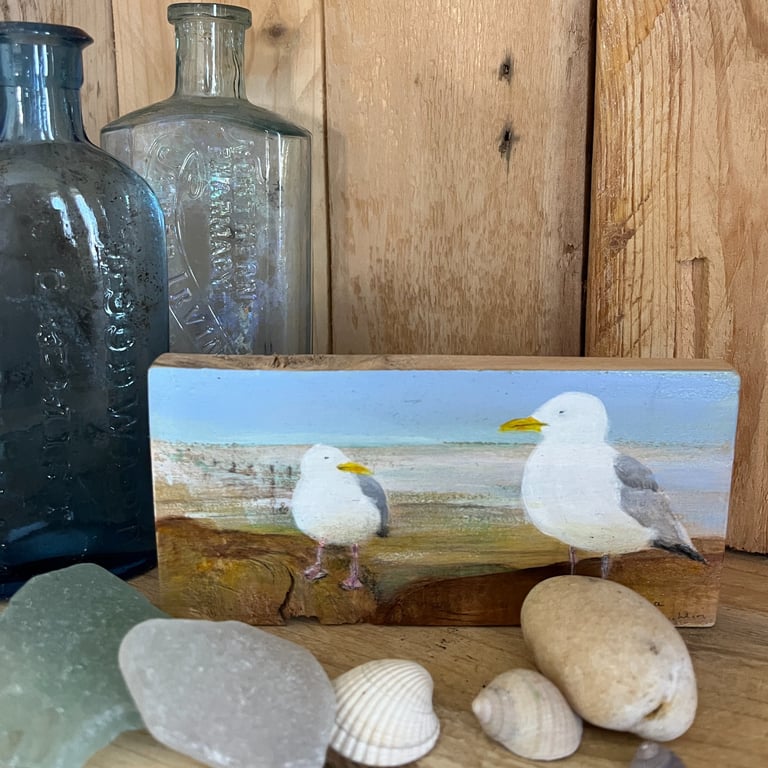 Original acrylic painting of 2 seagulls on reclaimed timber
