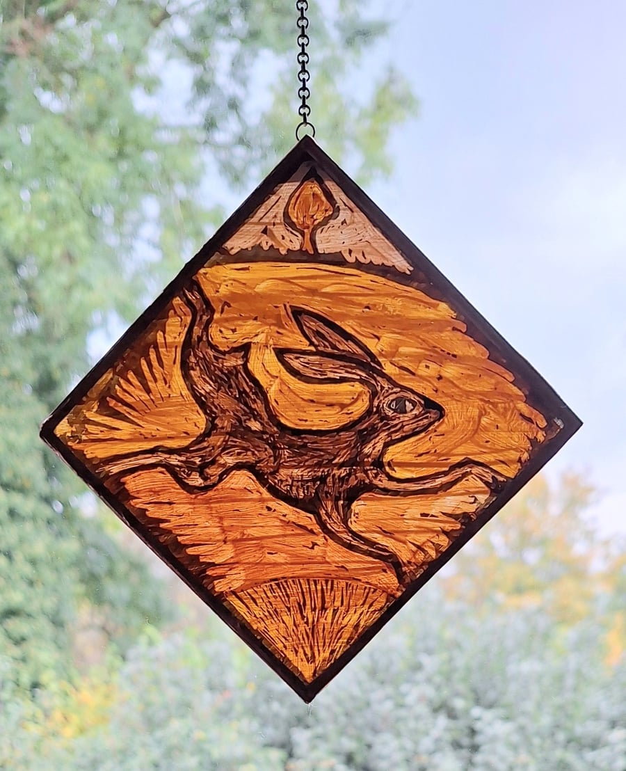 GLASS HARE WINDOW PANEL WALL HANGING. HAND PAINTED HARE. 5 x 5 inches.
