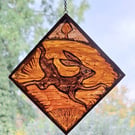 GLASS HARE WINDOW PANEL WALL HANGING. HAND PAINTED HARE. 5 x 5 inches.