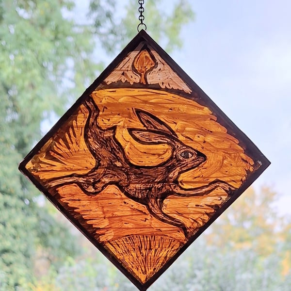 GLASS HARE WINDOW PANEL WALL HANGING. HAND PAINTED HARE. 5 x 5 inches.