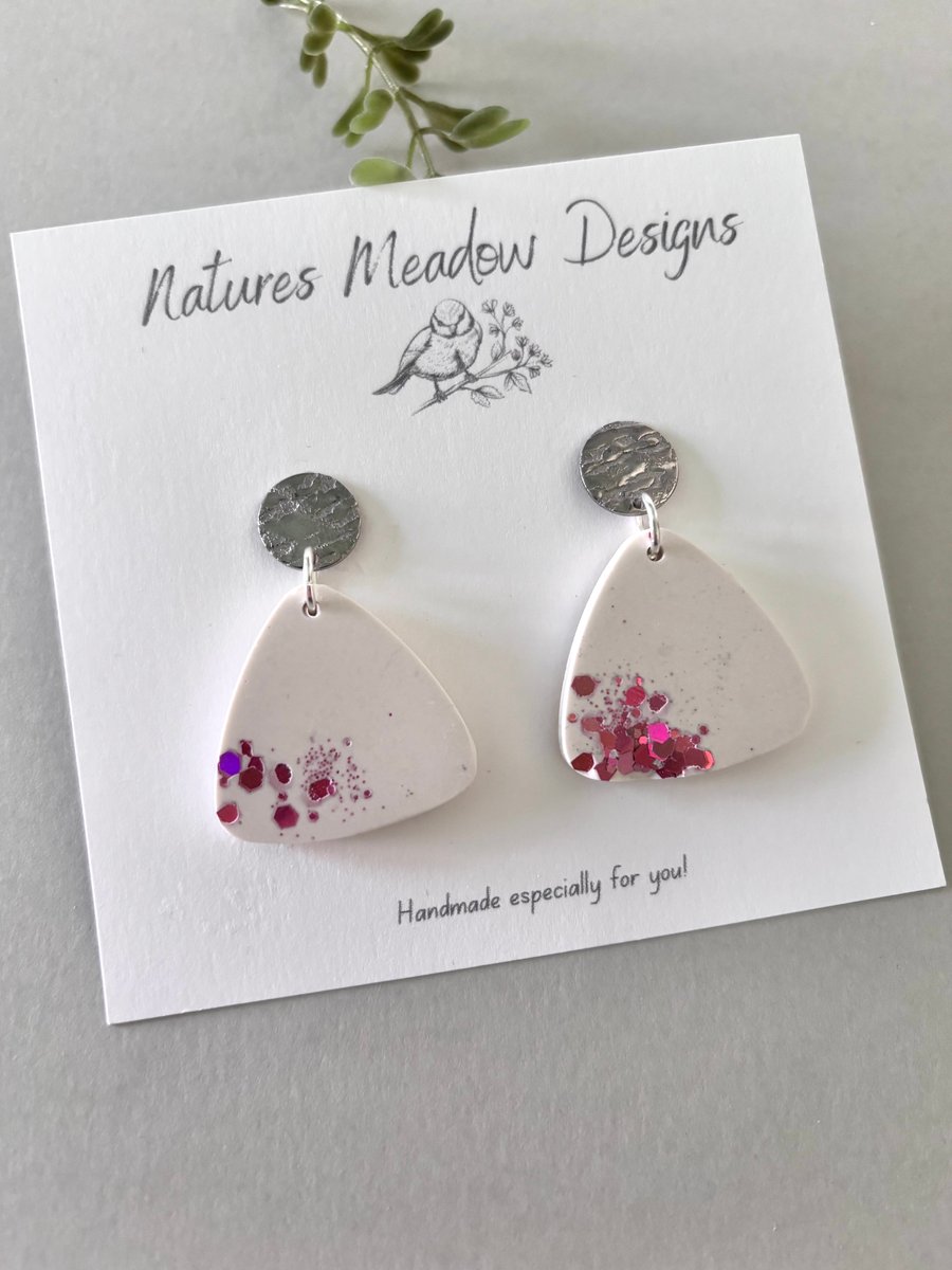 Large White Triangle Earrings Red Glitter, Stainless Steel 