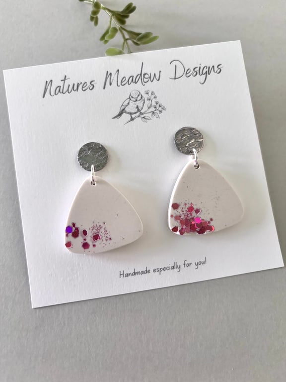 Large White Triangle Earrings Red Glitter, Stainless Steel 