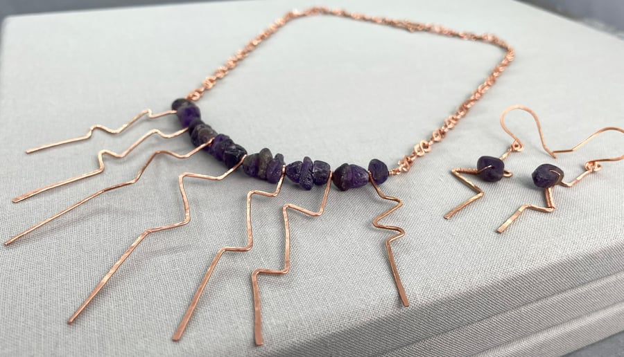 Raw Amethyst Hammered Copper Lightening Strike Necklace & Earring Set