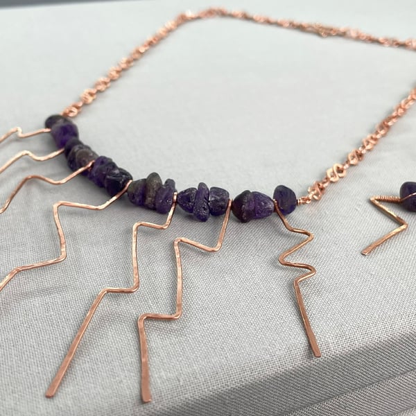 Raw Amethyst Hammered Copper Lightening Strike Necklace & Earring Set