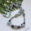 Designer Prehnite, Amethyst, Flourite & Shell Pearl Necklace 