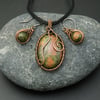 Copper Wire Weave Wrapped Unakite Pendant & Matching Earrings