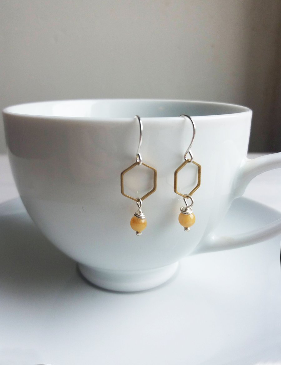 Honeycomb and Jade hexagon earrings - silver and yellow - brass geometric shapes