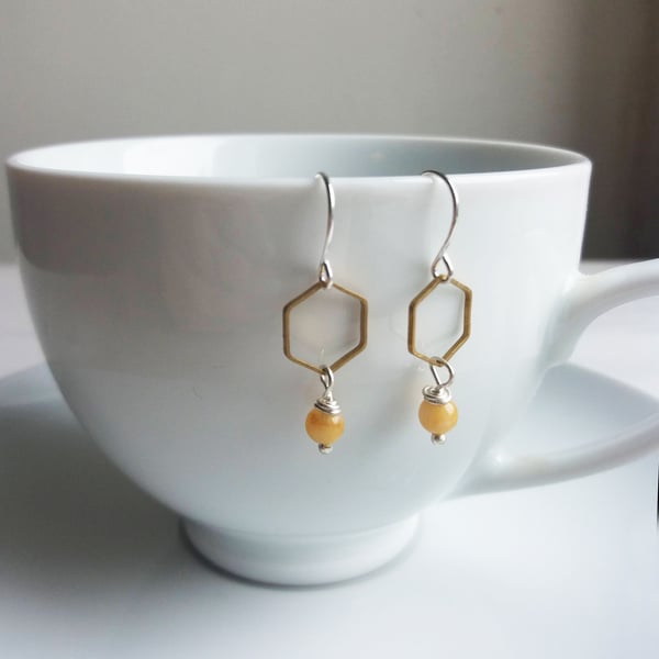 Honeycomb and Jade hexagon earrings - silver and yellow - brass geometric shapes