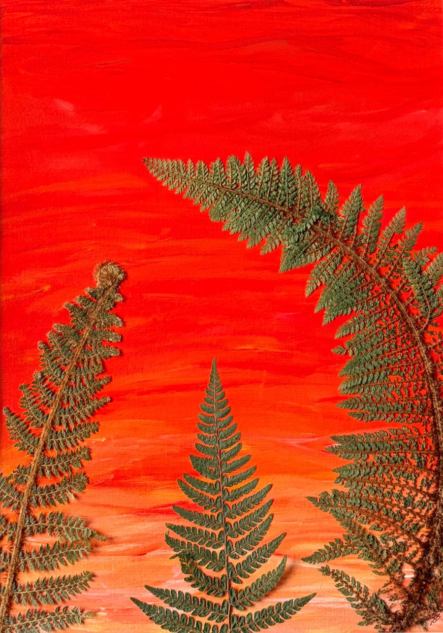 Original Mixed Media Acrylic Painting, 'Sunrise and Ferns', Pressed Ferns Framed