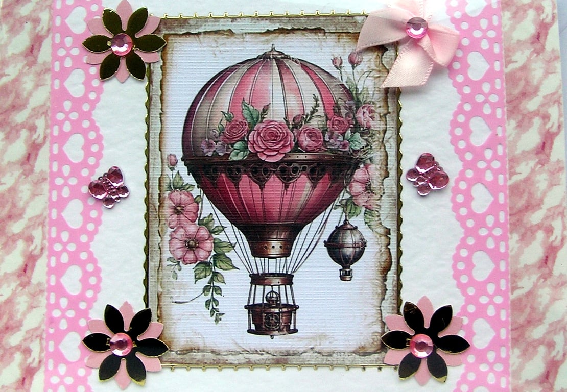 Steampunk Hot Air Balloon Hand Crafted Decoupage Greeting Card - Blank - 2801