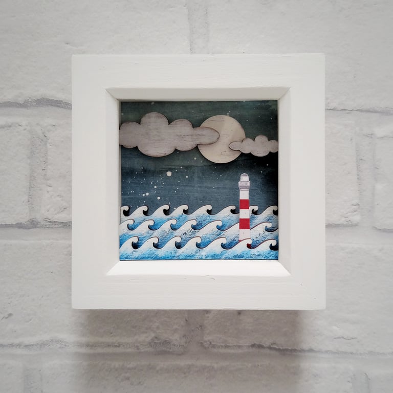 Lunar Lighthouse Picture, Nautical Diorama, Wooden Ocean Art