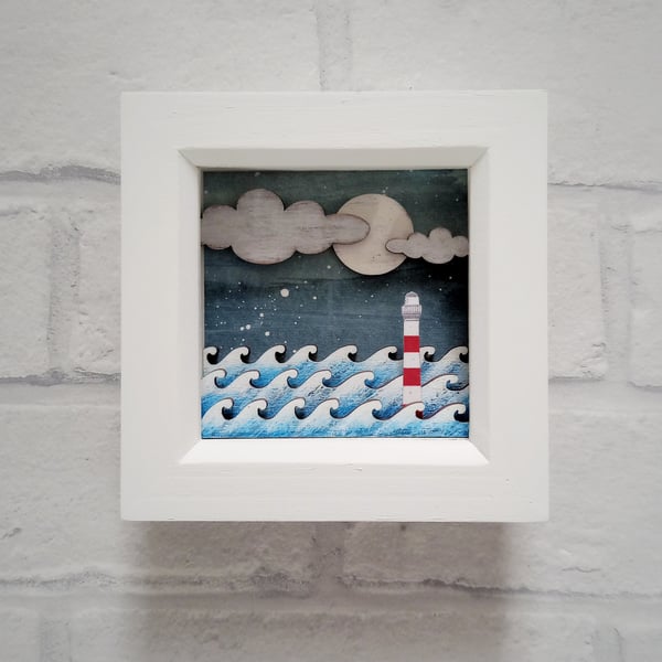Lunar Lighthouse Picture, Nautical Diorama, Wooden Ocean Art