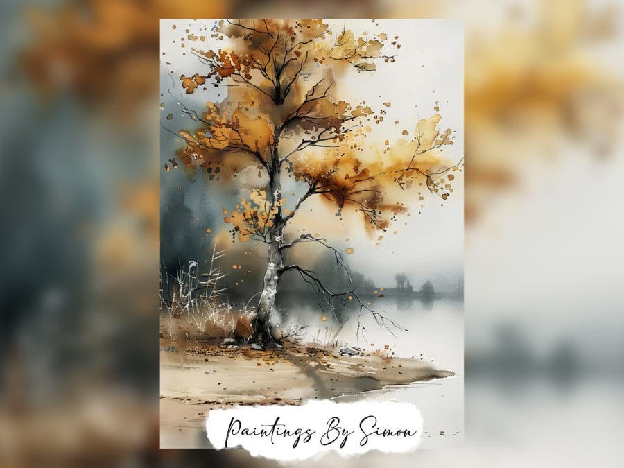 Golden Autumn Tree Watercolor, Landscape Painting Print 5"x7" on Matte Paper