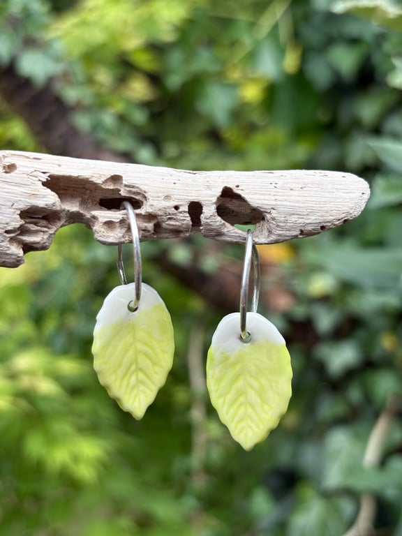 Sterling Silver Endless Hoop Earrings with Glazed Porcelain Leaves