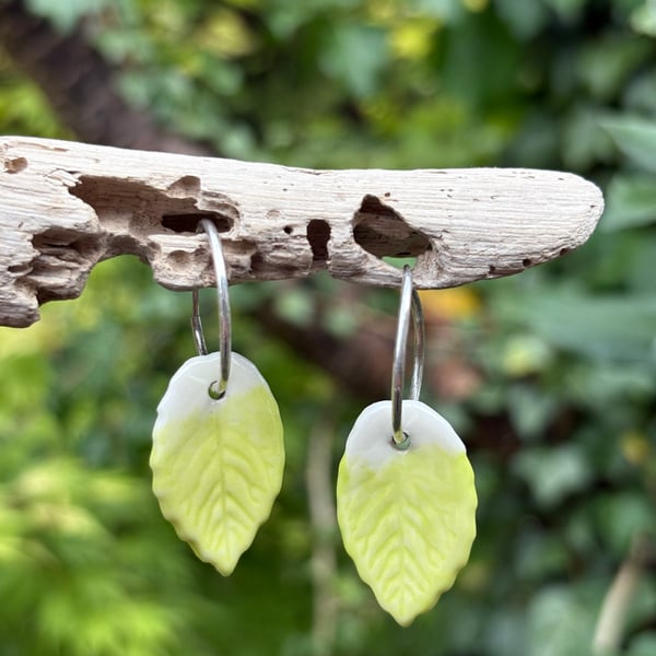 Sterling Silver Endless Hoop Earrings with Glazed Porcelain Leaves