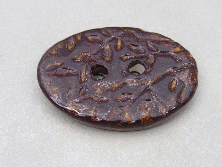 Large Dark Copper Sprig Oval Handmade Ceramic Button
