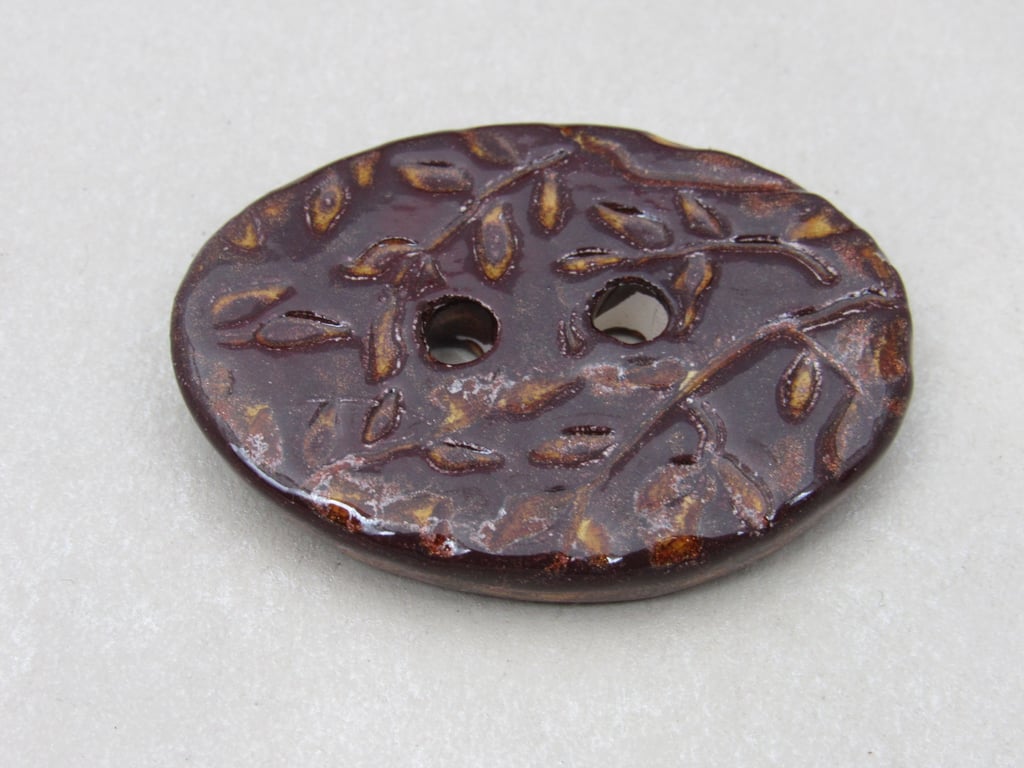Large Dark Copper Sprig Oval Handmade Ceramic Button