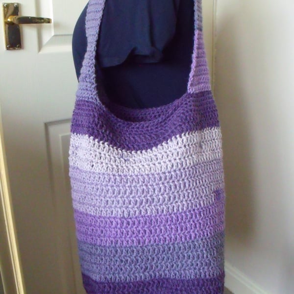 purple striped crocheted shoulder bag, bucket bag.