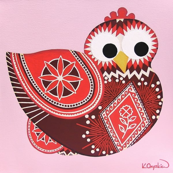 Chicken Print - cute pink and red art of a patterned hen with eggs, Easter gift