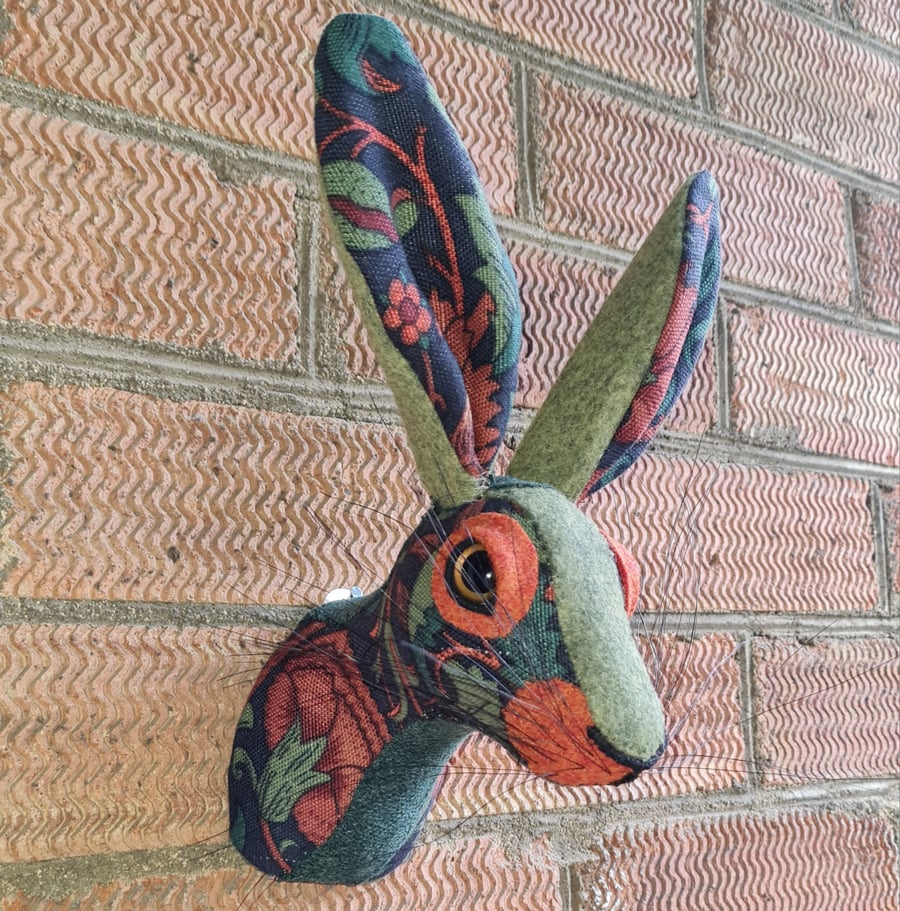 Faux hare head wall mount in William Morris fabric Hebden the hare