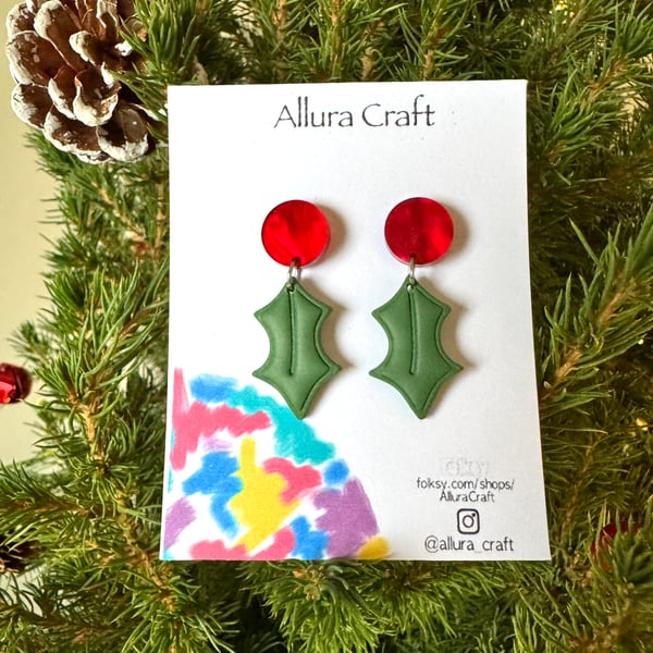 Marble Red Berry and Holly Earrings