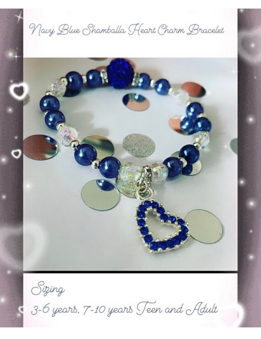 Navy blue rhinestone heart charm ab crystal beaded bracelet all sizes 