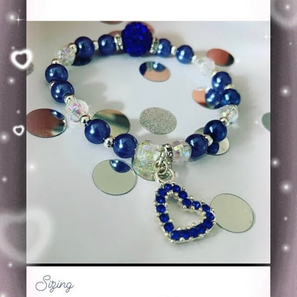 Navy blue rhinestone heart charm ab crystal beaded bracelet all sizes 