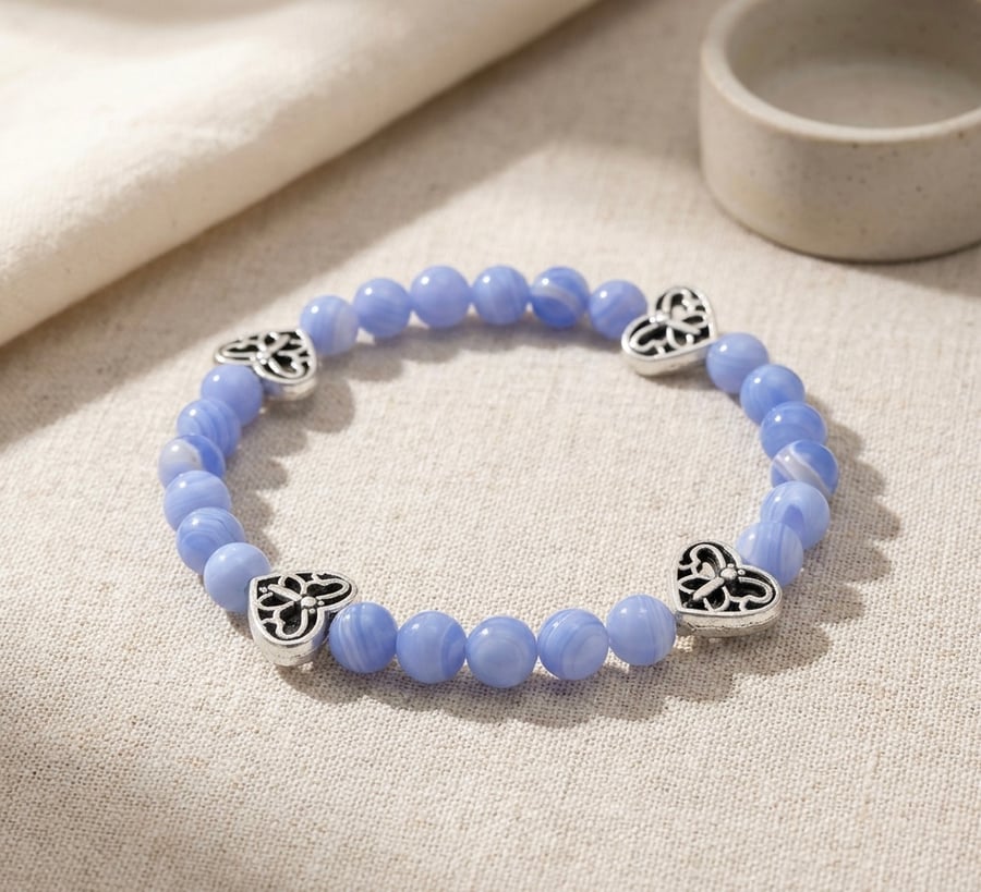 Blue Lace Agate Bracelet With Celtic Heart Butterfly Accents
