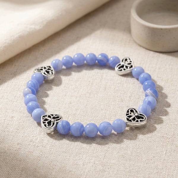 Blue Lace Agate Bracelet With Celtic Heart Butterfly Accents