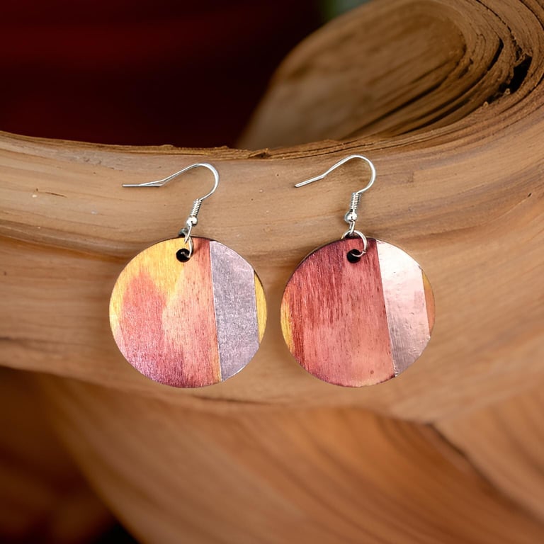 Earrings - Boho style, Dangle, Alcohol Ink & Copper Wood - Freepost
