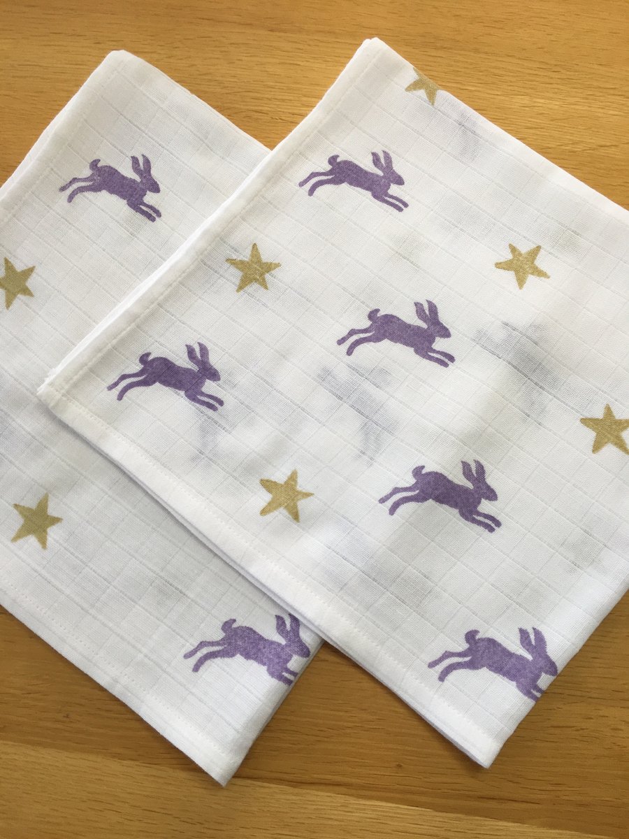 X2 Hand Block Printed Baby Muslin Squares - Hares and Stars (Purple and Gold) 
