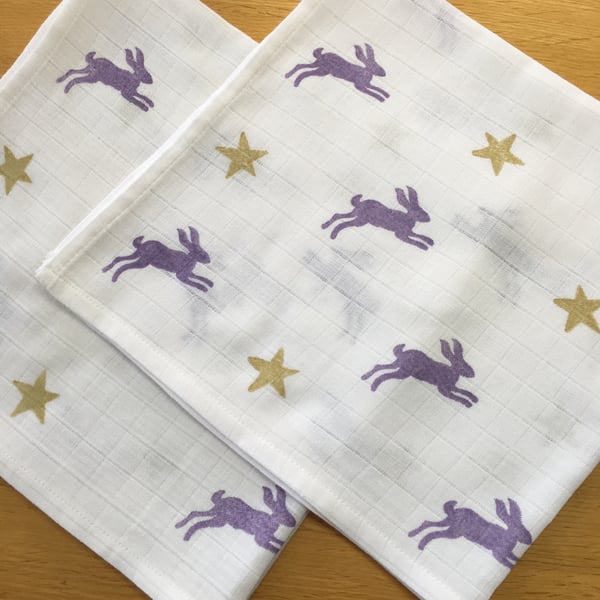 X2 Hand Block Printed Baby Muslin Squares - Hares and Stars (Purple and Gold) 