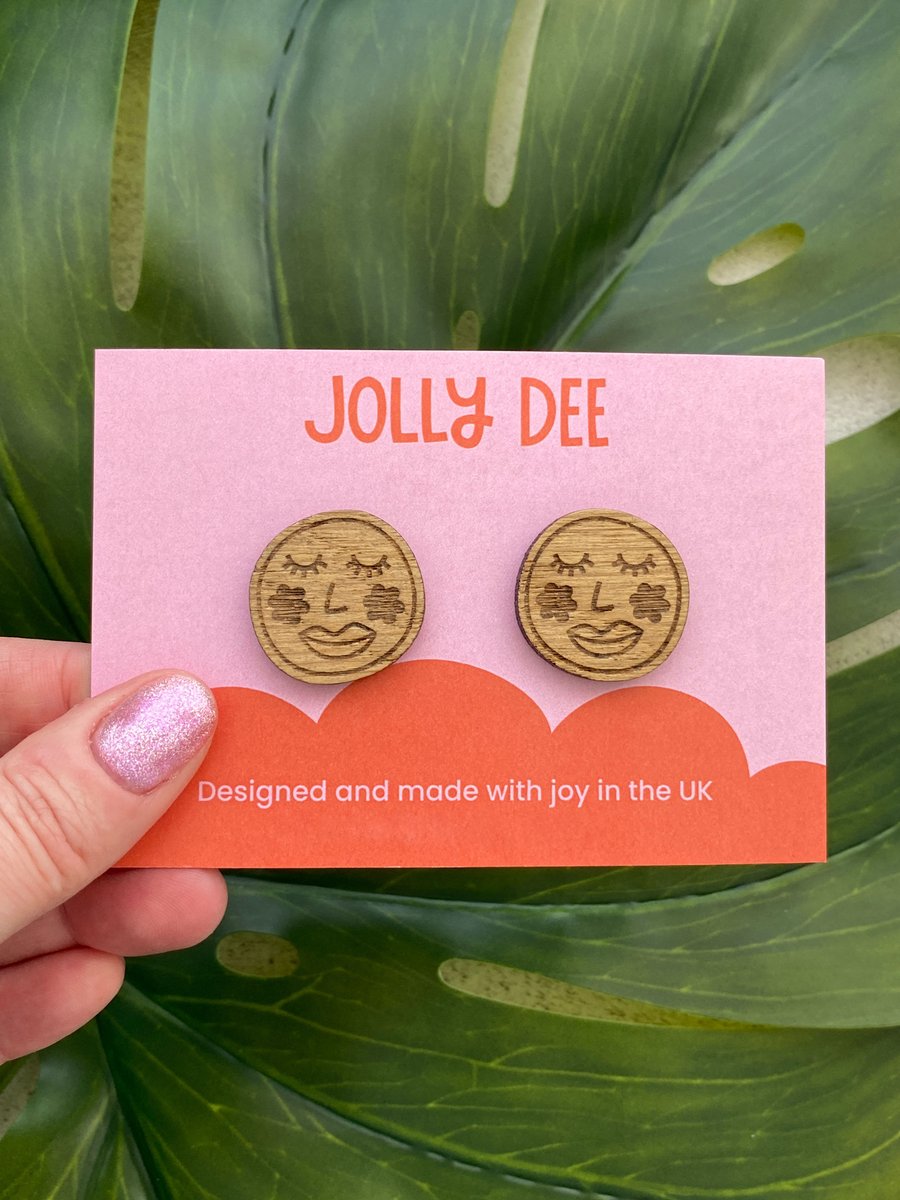 Happy face wooden earrings, plant lover gift for her, wood studs unique earrings