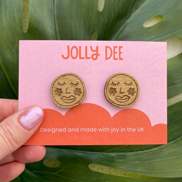 Happy face wooden earrings, plant lover gift for her, wood studs unique earrings