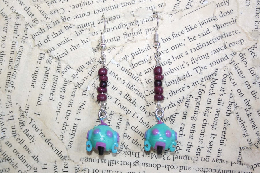 Cute Robot Turquoise Purple Dangle Hook Earrings