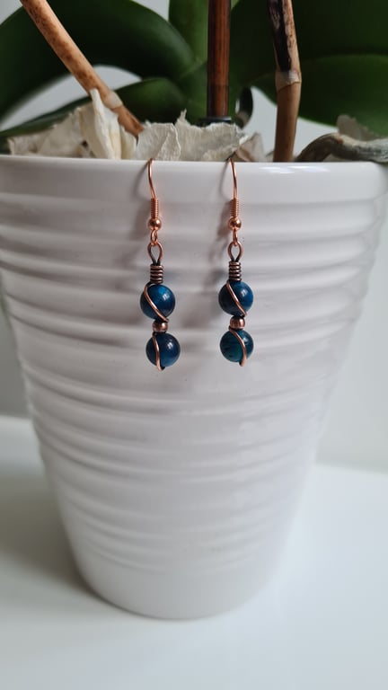 Blue Tiger's Eye & Copper Dangle Earrings Earings Gift Crystal Jewellery Jewelry