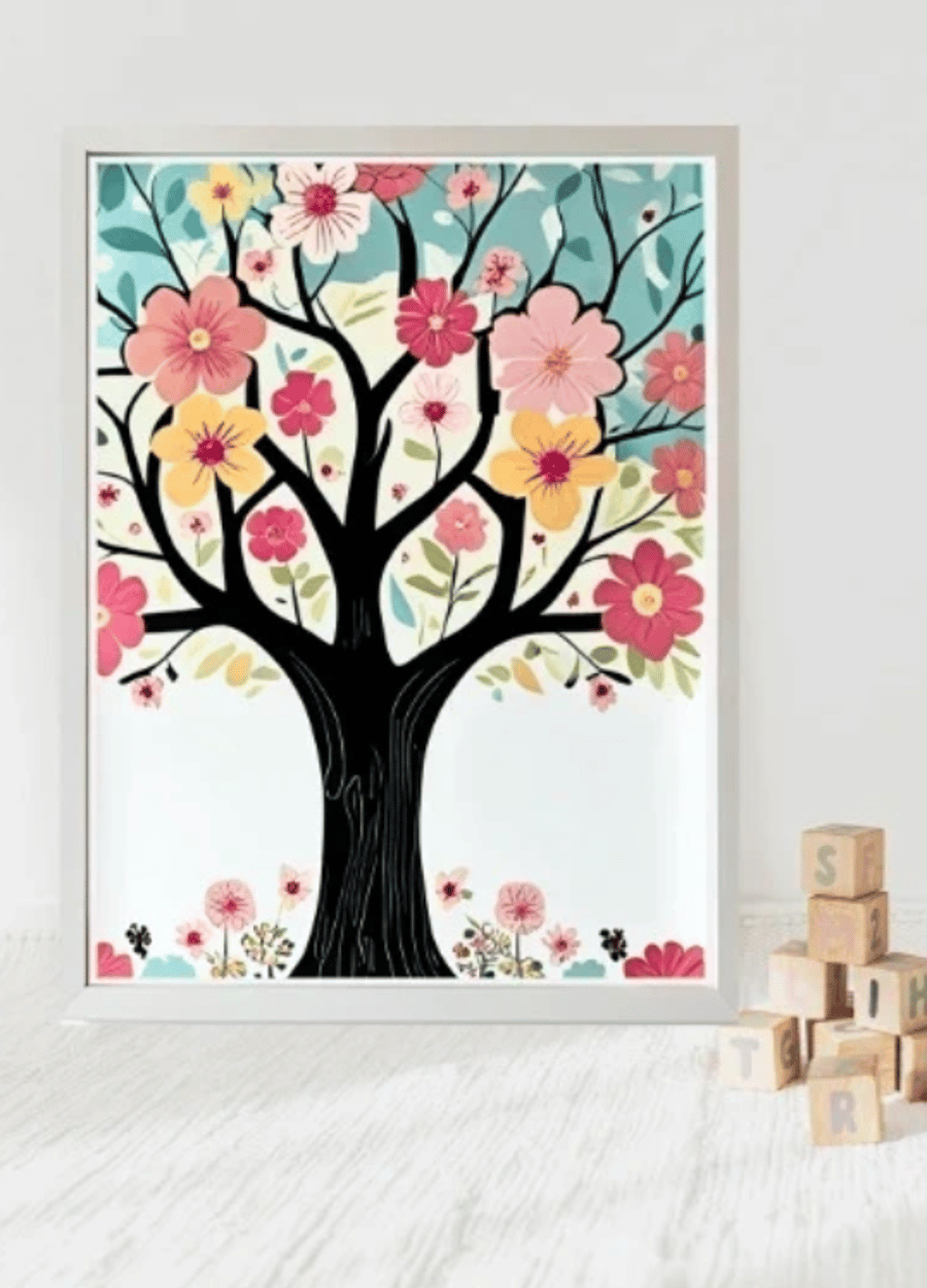 Vibrant Tree Wall Art Print - A4 Colorful Nursery Decor