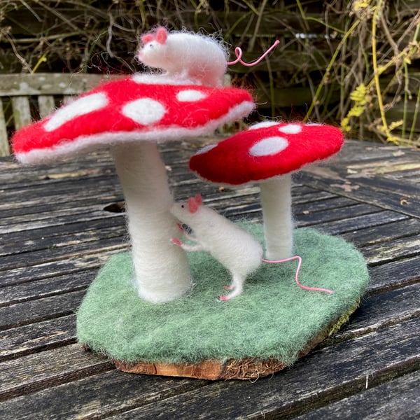 Needle felted toadstools with mice - Folksy